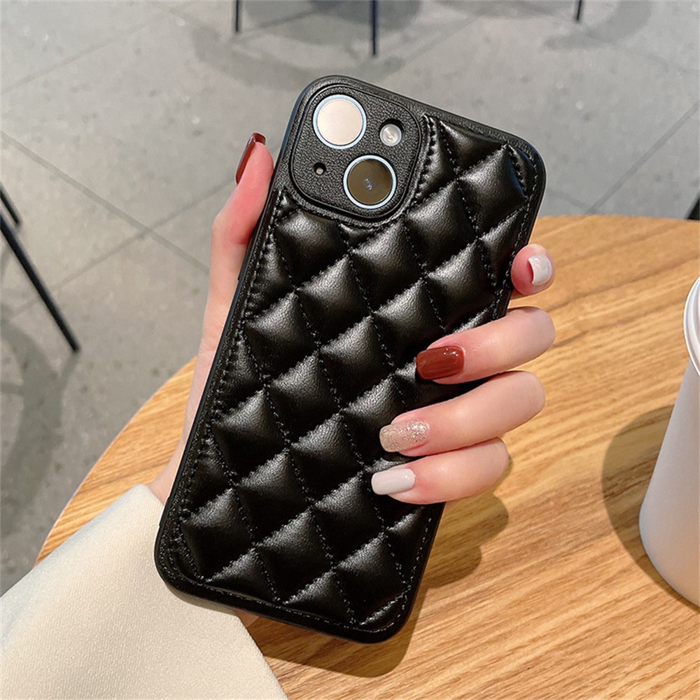 For iPhone 15 Case Rhombus Stitching PU Leather + TPU Shockproof Phone Cover - Black