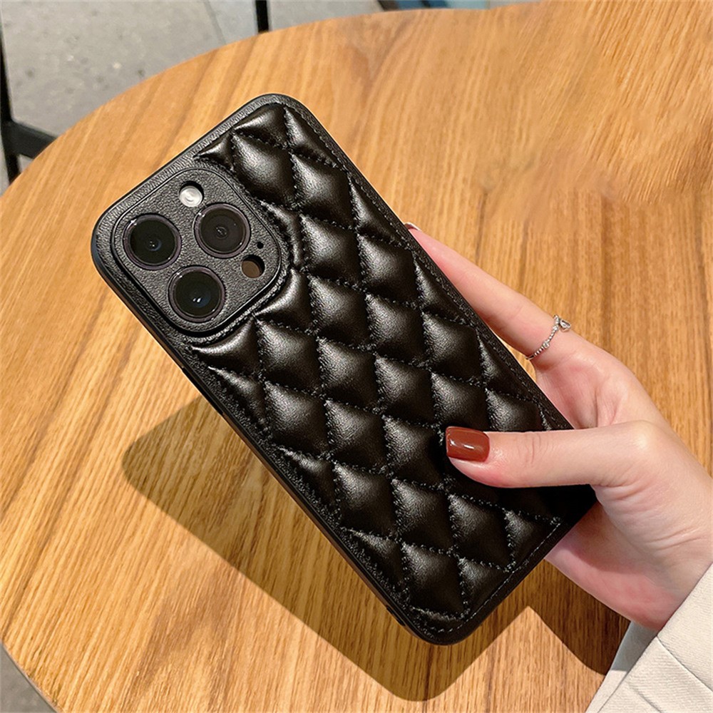 For iPhone 15 Pro Max Case Rhombus Stitching PU Leather + TPU Shockproof Phone Cover - Black