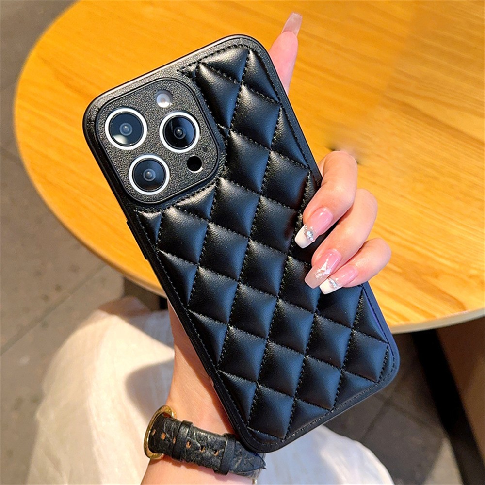 For iPhone 16 Pro Max Case Rhombus Stitching PU Leather + TPU Shockproof Phone Cover - Black