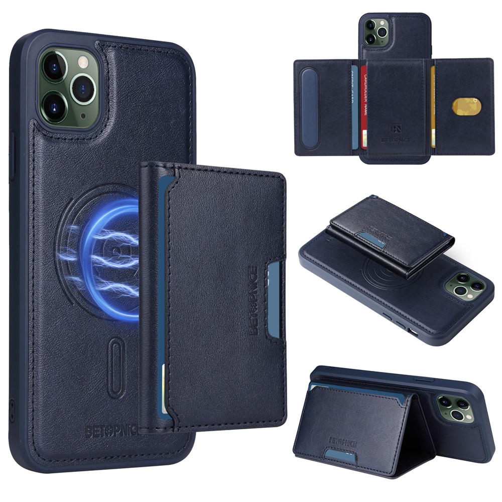 For iPhone 11 Pro Max Magnetic Case BETOPNICE Leather Phone Cover Kickstand with Detachable Card Bag - Blue