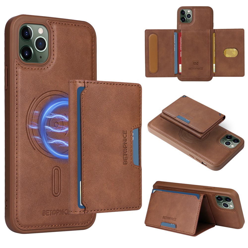 For iPhone 11 Pro Max Magnetic Case BETOPNICE Leather Phone Cover Kickstand with Detachable Card Bag - Brown