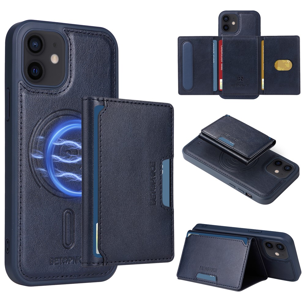 For iPhone 12 Pro 6.1 inch / iPhone 12 6.1 inch Magnetic Case BETOPNICE Leather Phone Cover Kickstand with Detachable Card Bag - Blue