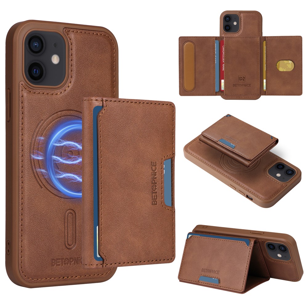 For iPhone 12 Pro 6.1 inch / iPhone 12 6.1 inch Magnetic Case BETOPNICE Leather Phone Cover Kickstand with Detachable Card Bag - Brown