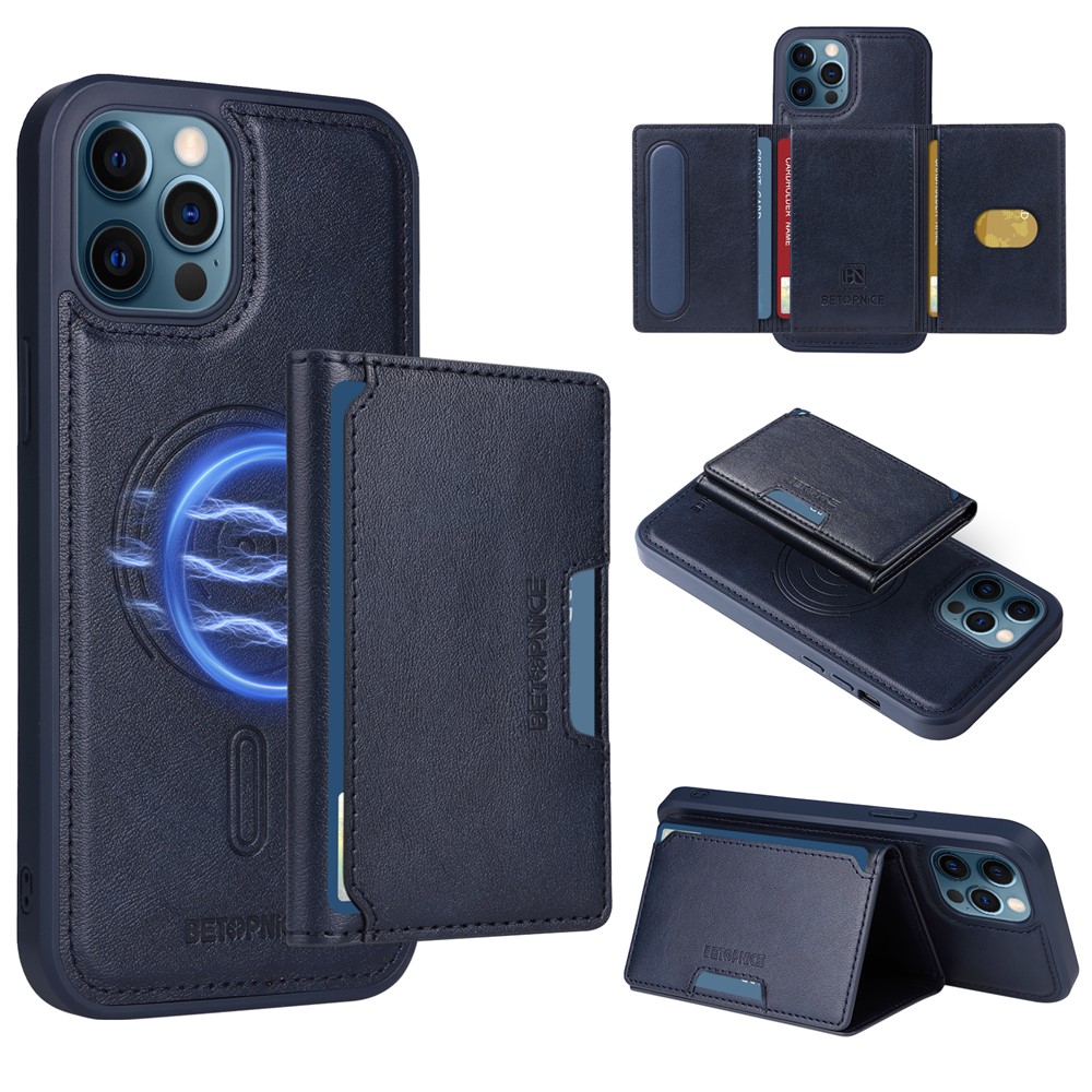 For iPhone 12 Pro Max 6.7 inch Magnetic Case BETOPNICE Leather Phone Cover Kickstand with Detachable Card Bag - Blue