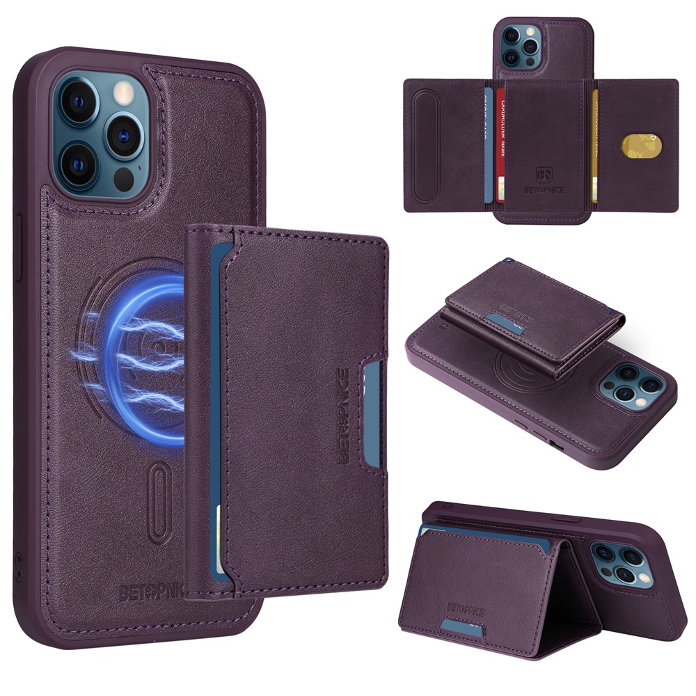 For iPhone 12 Pro Max 6.7 inch Magnetic Case BETOPNICE Leather Phone Cover Kickstand with Detachable Card Bag - Purple