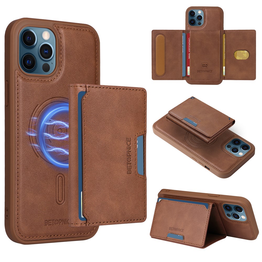 For iPhone 12 Pro Max 6.7 inch Magnetic Case BETOPNICE Leather Phone Cover Kickstand with Detachable Card Bag - Brown