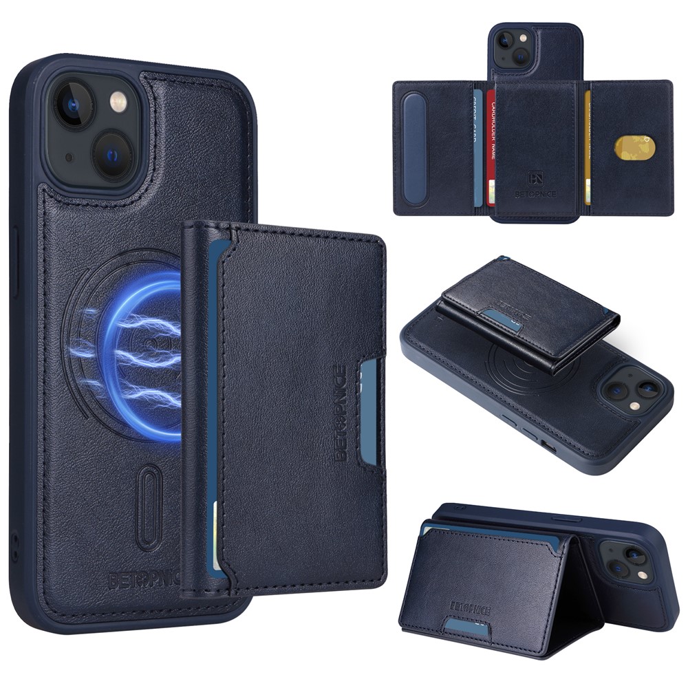 For iPhone 14 / iPhone 13 6.1 inch Magnetic Case BETOPNICE Leather Phone Cover Kickstand with Detachable Card Bag - Blue