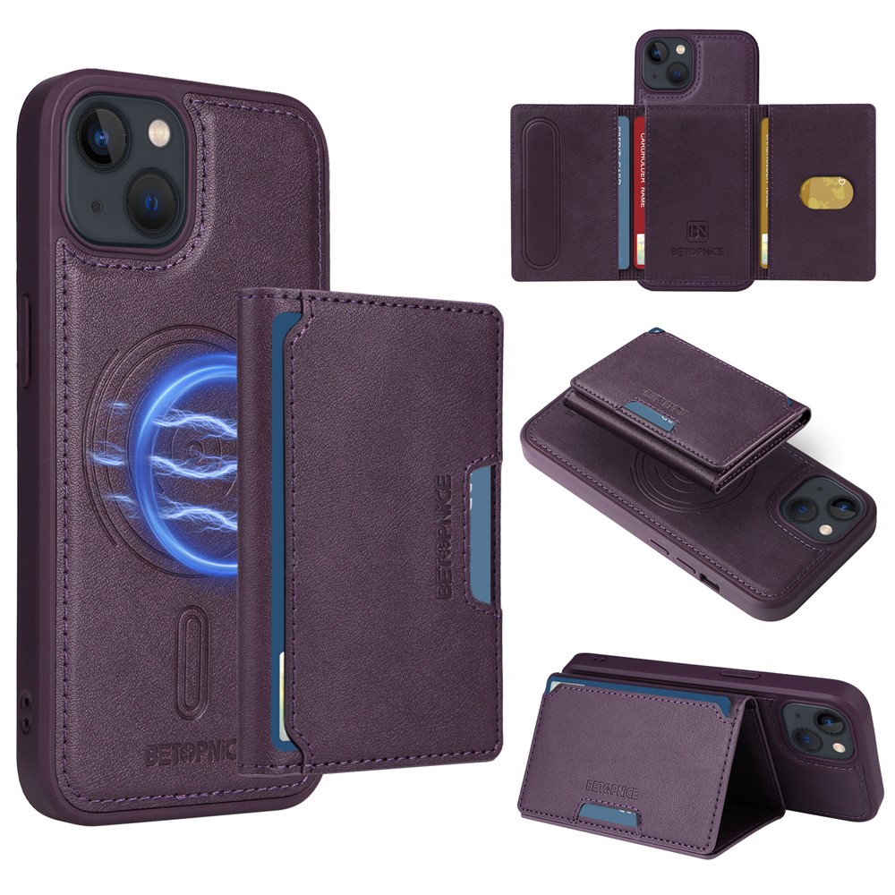 For iPhone 14 / iPhone 13 6.1 inch Magnetic Case BETOPNICE Leather Phone Cover Kickstand with Detachable Card Bag - Purple