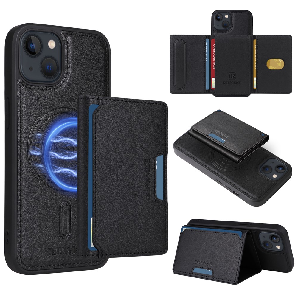 For iPhone 14 / iPhone 13 6.1 inch Magnetic Case BETOPNICE Leather Phone Cover Kickstand with Detachable Card Bag - Black