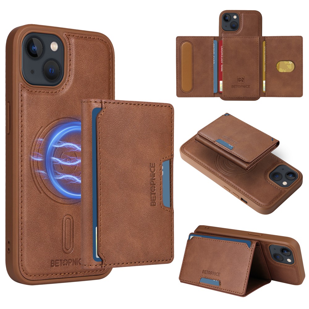 For iPhone 14 / iPhone 13 6.1 inch Magnetic Case BETOPNICE Leather Phone Cover Kickstand with Detachable Card Bag - Brown