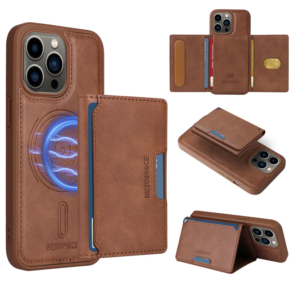 For iPhone 13 Pro 6.1 inch Magnetic Case BETOPNICE Leather Phone Cover Kickstand with Detachable Card Bag - Brown