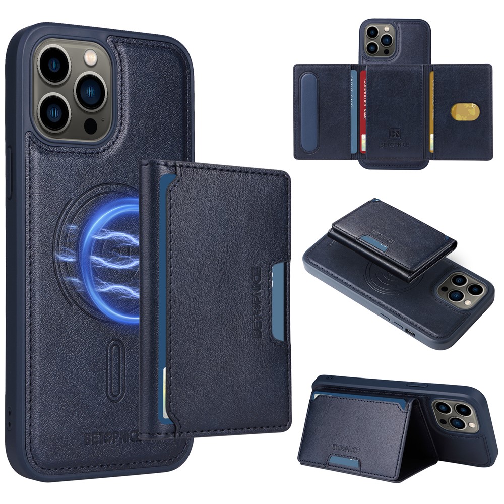 For iPhone 13 Pro Max 6.7 inch Magnetic Case BETOPNICE Leather Phone Cover Kickstand with Detachable Card Bag - Blue