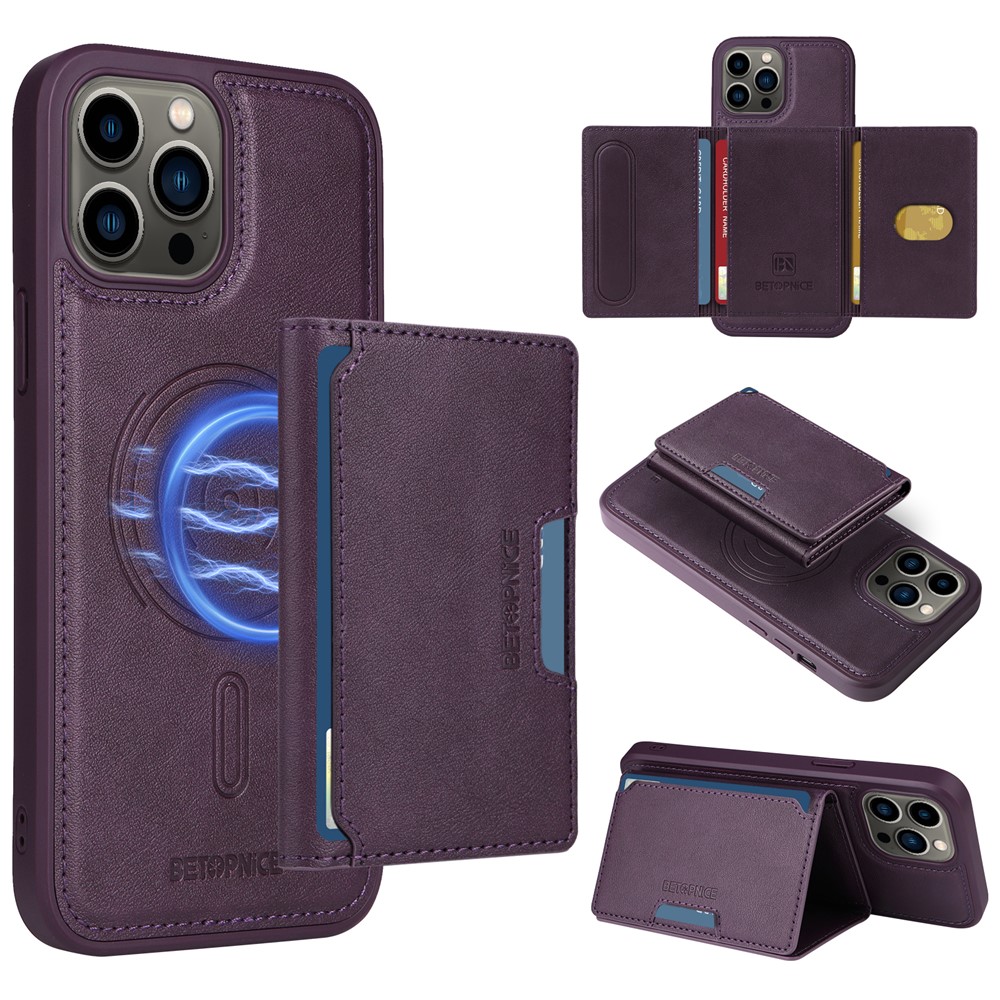 For iPhone 13 Pro Max 6.7 inch Magnetic Case BETOPNICE Leather Phone Cover Kickstand with Detachable Card Bag - Purple