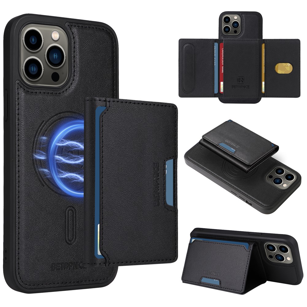 For iPhone 13 Pro Max 6.7 inch Magnetic Case BETOPNICE Leather Phone Cover Kickstand with Detachable Card Bag - Black
