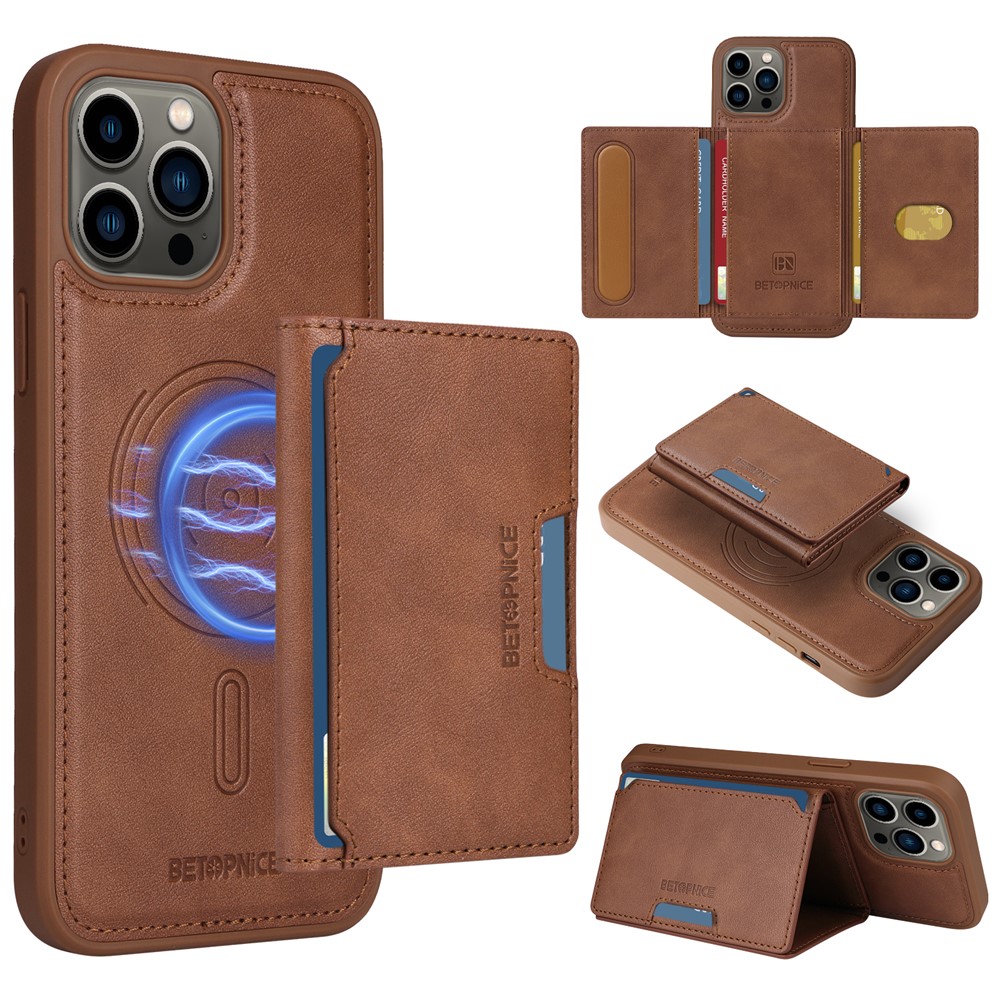 For iPhone 13 Pro Max 6.7 inch Magnetic Case BETOPNICE Leather Phone Cover Kickstand with Detachable Card Bag - Brown