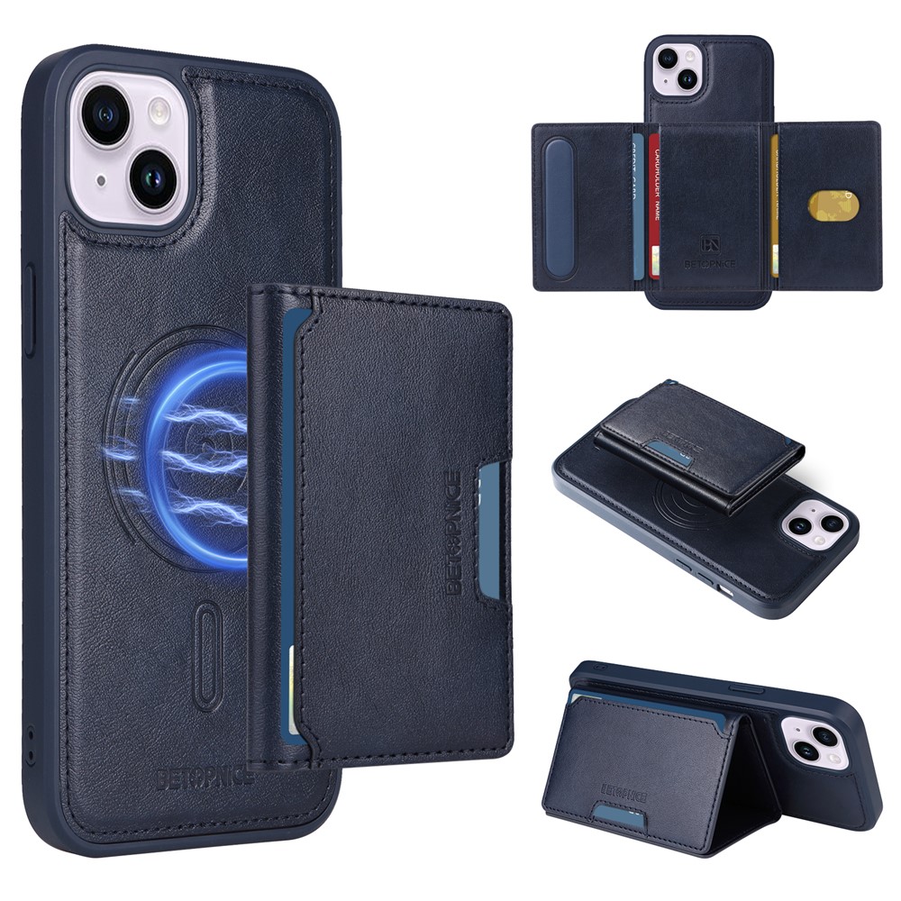 For iPhone 14 Plus Magnetic Case BETOPNICE Leather Phone Cover Kickstand with Detachable Card Bag - Blue