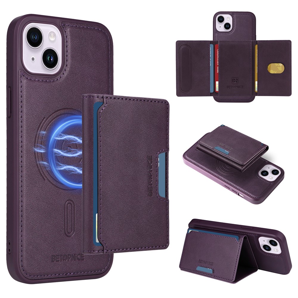 For iPhone 14 Plus Magnetic Case BETOPNICE Leather Phone Cover Kickstand with Detachable Card Bag - Purple
