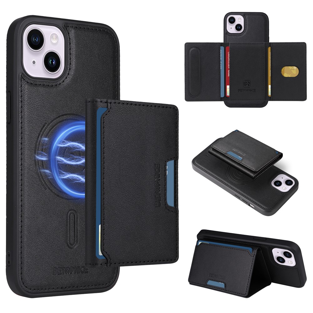 For iPhone 14 Plus Magnetic Case BETOPNICE Leather Phone Cover Kickstand with Detachable Card Bag - Black