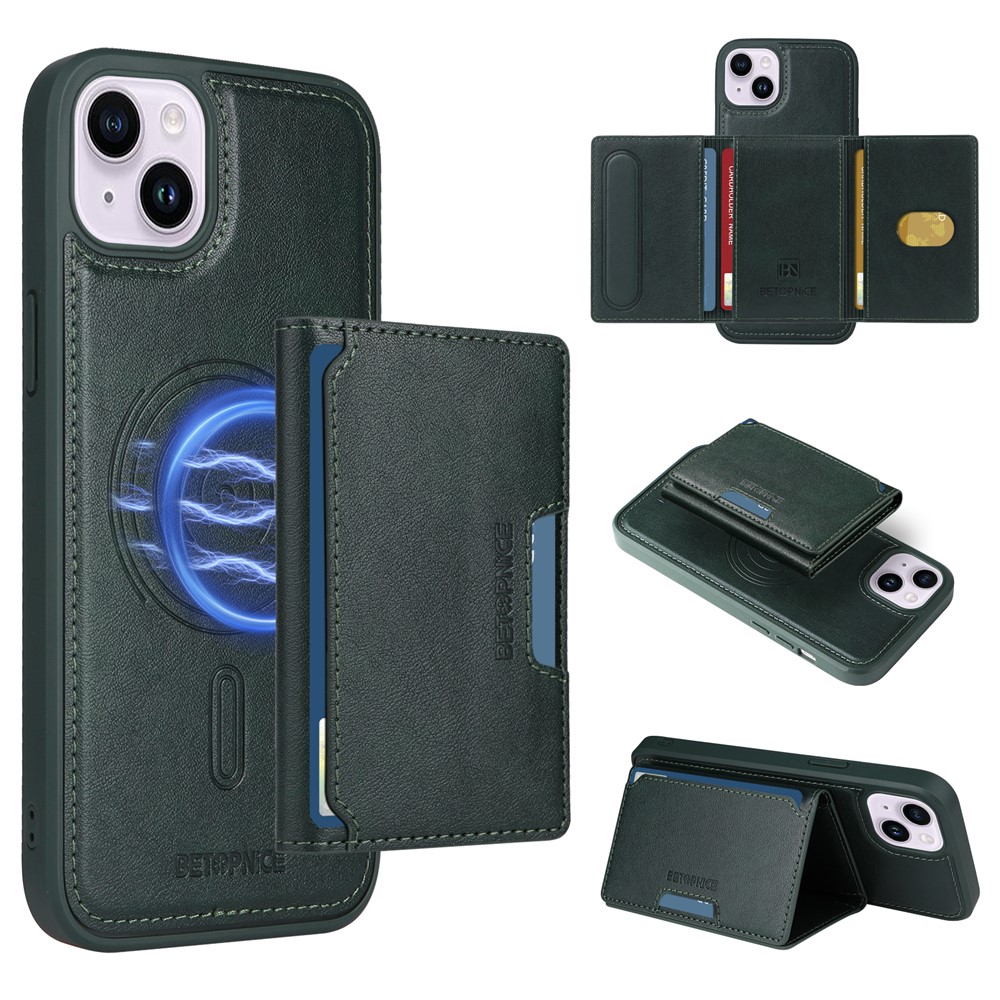 For iPhone 14 Plus Magnetic Case BETOPNICE Leather Phone Cover Kickstand with Detachable Card Bag - Green