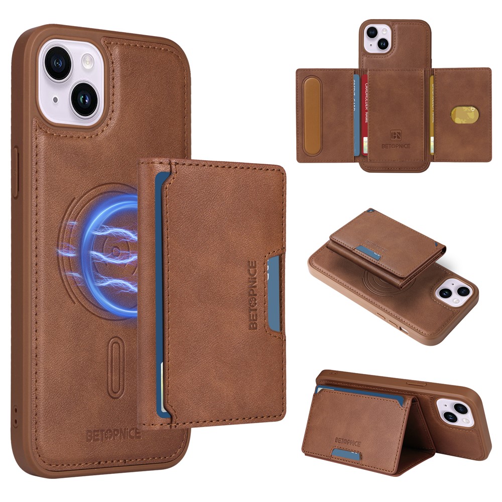 For iPhone 14 Plus Magnetic Case BETOPNICE Leather Phone Cover Kickstand with Detachable Card Bag - Brown