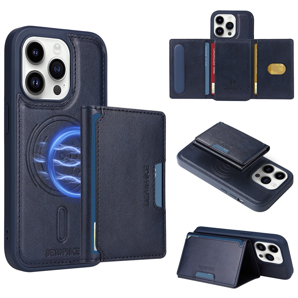 For iPhone 14 Pro Magnetic Case BETOPNICE Leather Phone Cover Kickstand with Detachable Card Bag - Blue