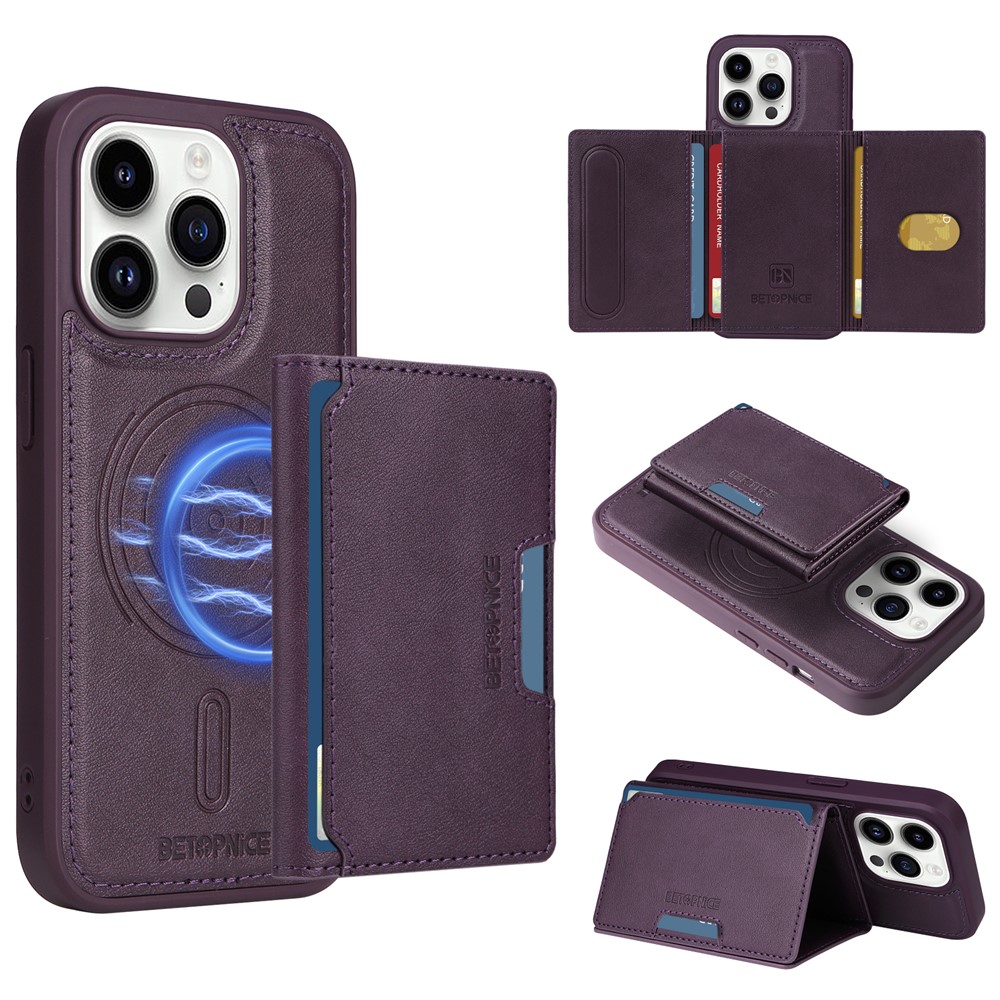 For iPhone 14 Pro Magnetic Case BETOPNICE Leather Phone Cover Kickstand with Detachable Card Bag - Purple