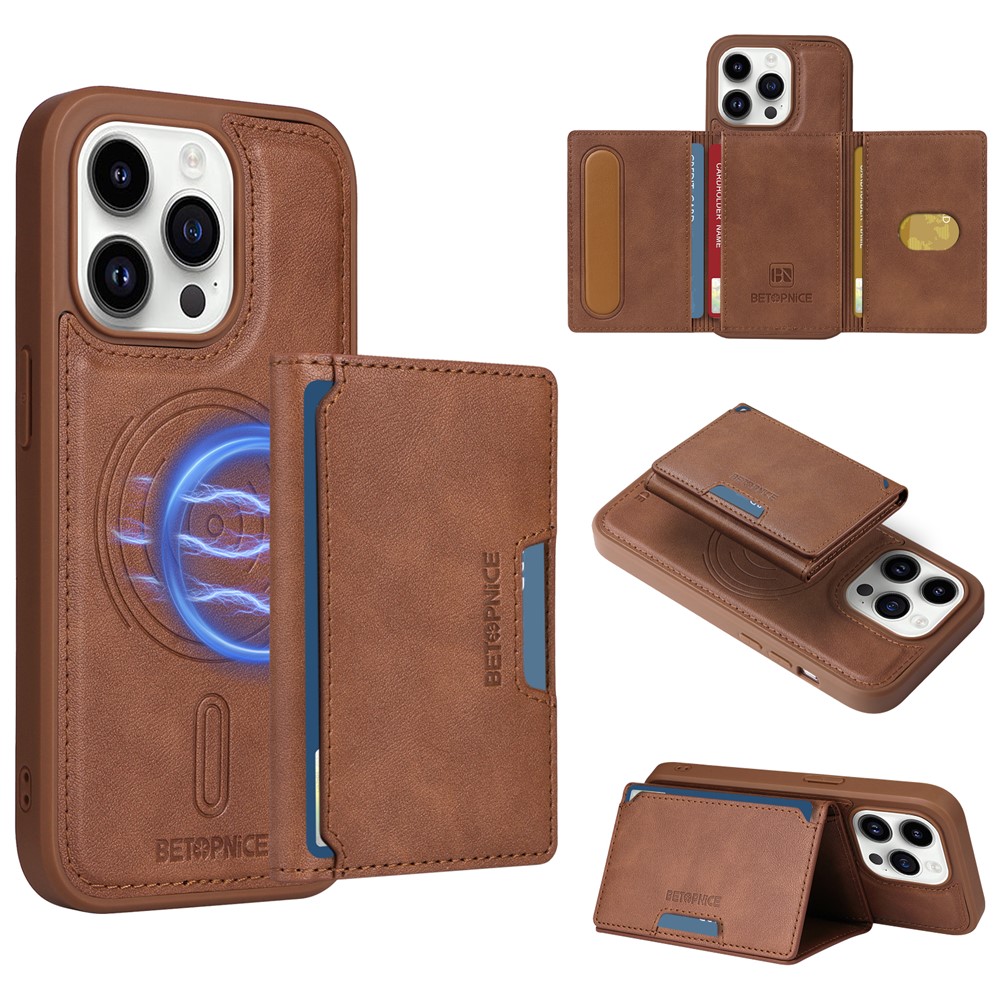 For iPhone 14 Pro Magnetic Case BETOPNICE Leather Phone Cover Kickstand with Detachable Card Bag - Brown
