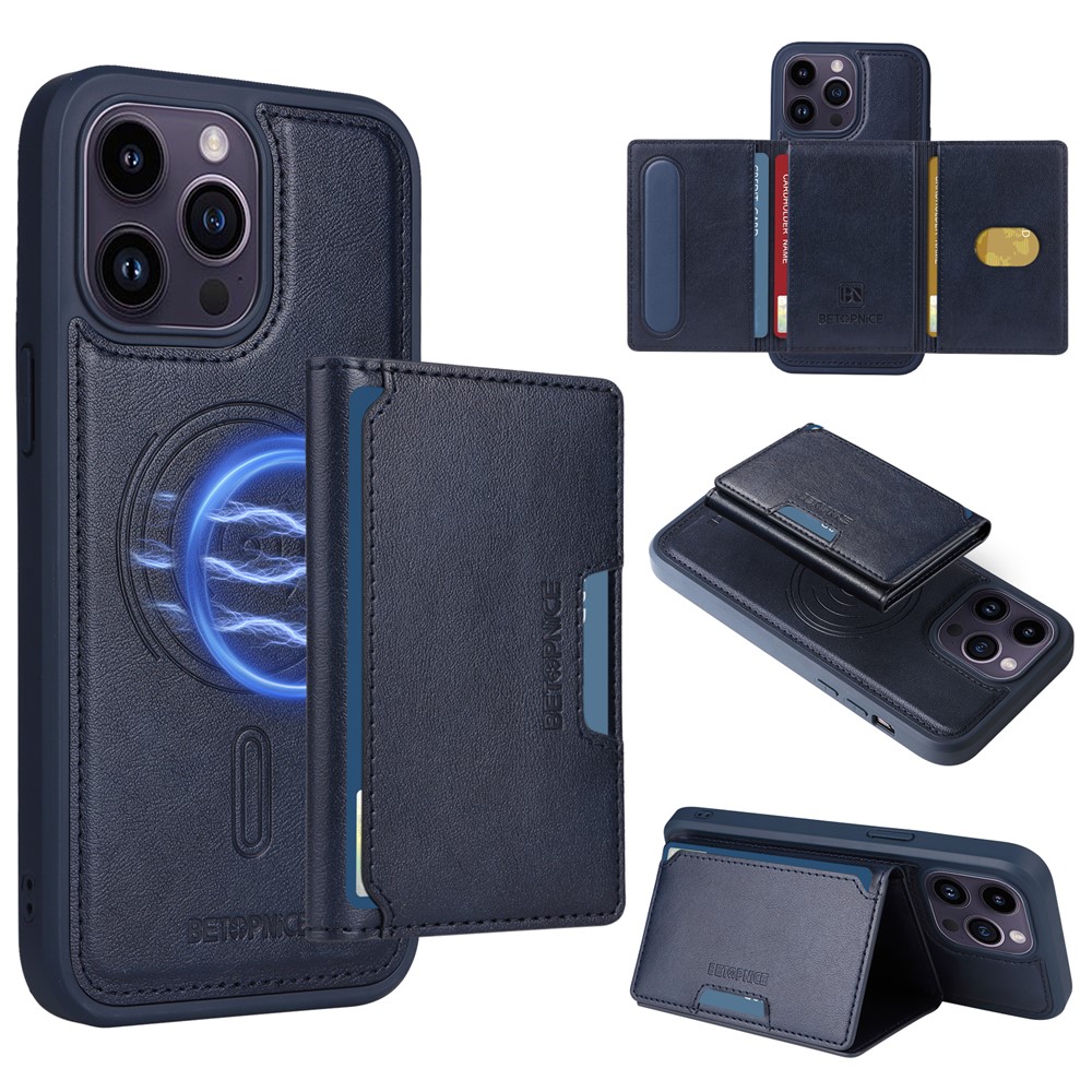 For iPhone 14 Pro Max Magnetic Case BETOPNICE Leather Phone Cover Kickstand with Detachable Card Bag - Blue