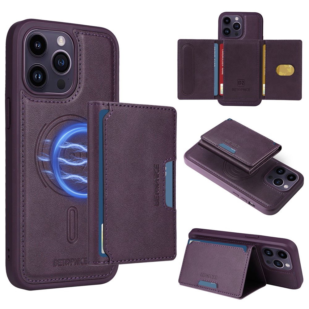 For iPhone 14 Pro Max Magnetic Case BETOPNICE Leather Phone Cover Kickstand with Detachable Card Bag - Purple