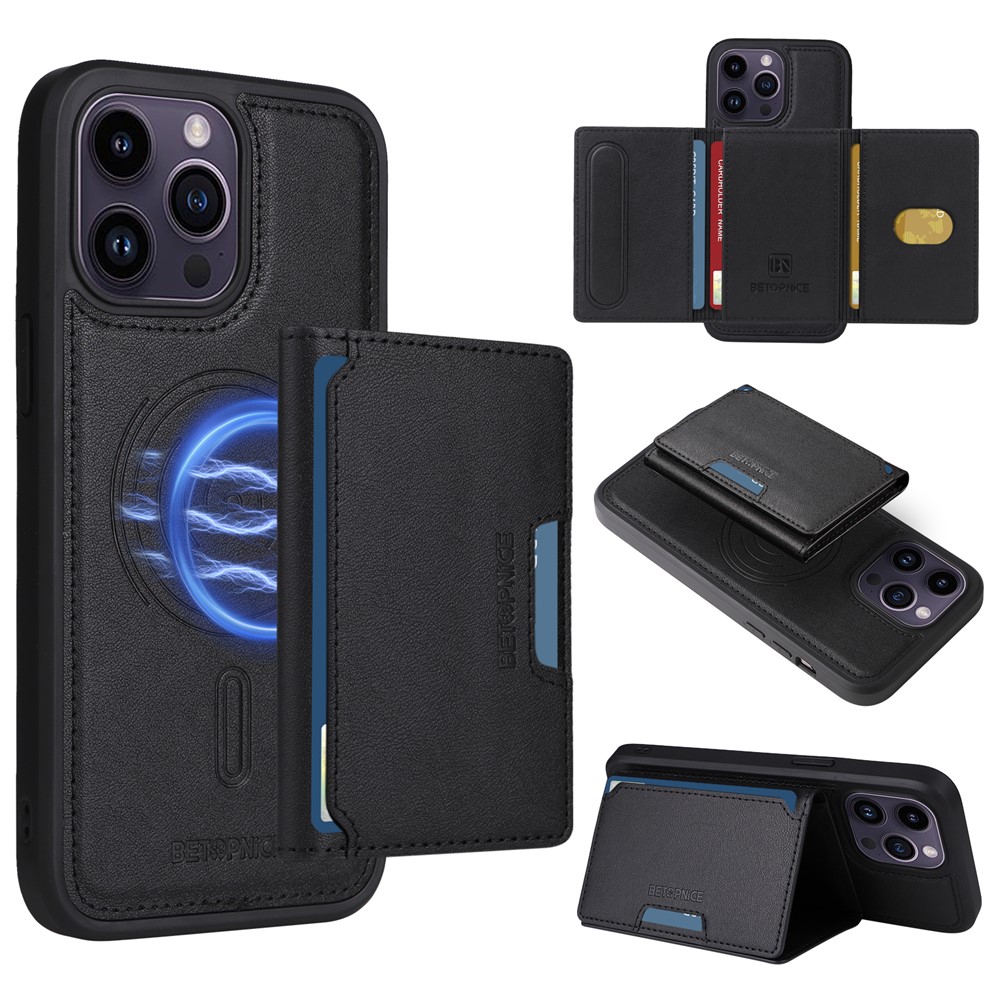 For iPhone 14 Pro Max Magnetic Case BETOPNICE Leather Phone Cover Kickstand with Detachable Card Bag - Black