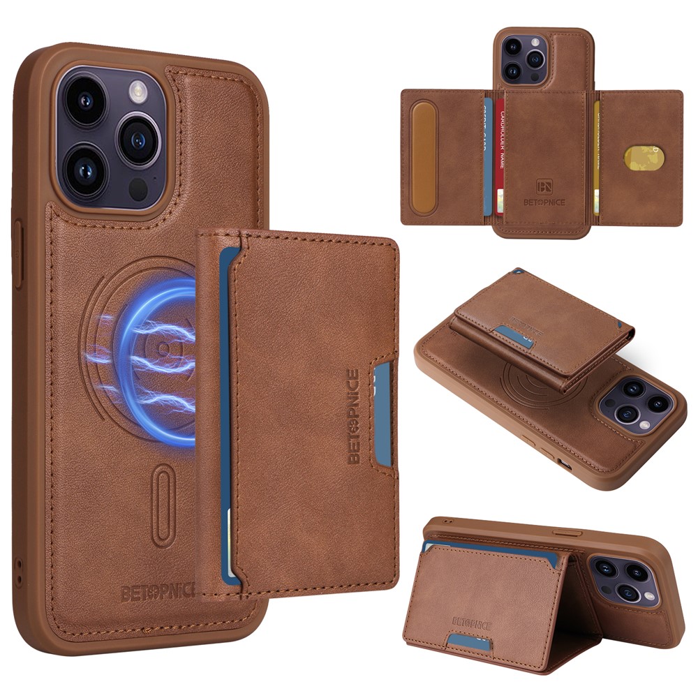 For iPhone 14 Pro Max Magnetic Case BETOPNICE Leather Phone Cover Kickstand with Detachable Card Bag - Brown