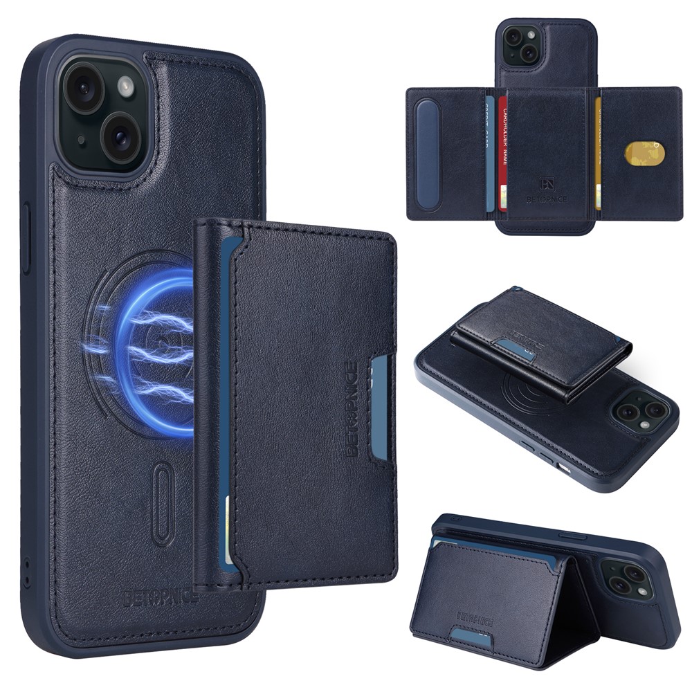 For iPhone 15 Plus Magnetic Case BETOPNICE Leather Phone Cover Kickstand with Detachable Card Bag - Blue