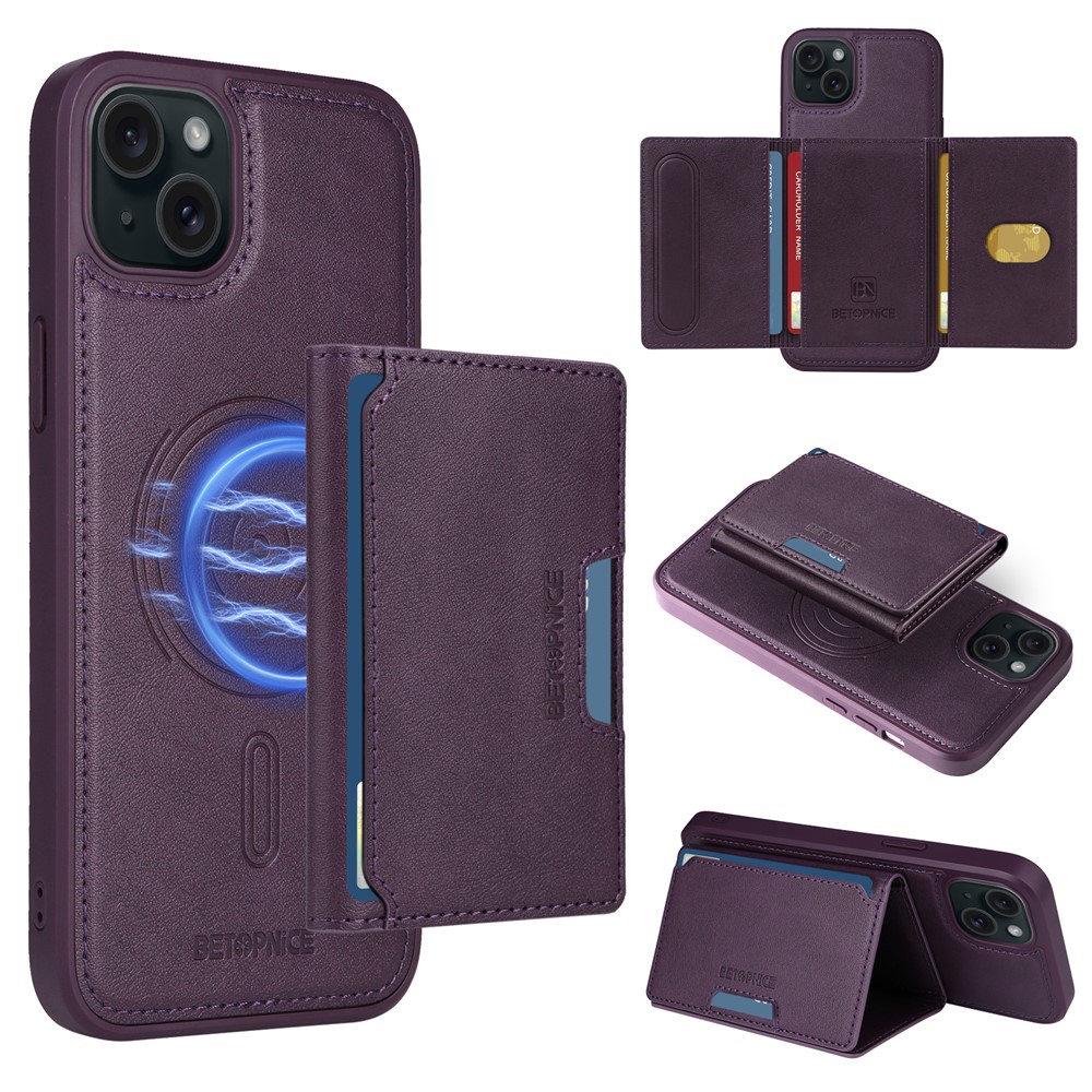 For iPhone 15 Plus Magnetic Case BETOPNICE Leather Phone Cover Kickstand with Detachable Card Bag - Purple