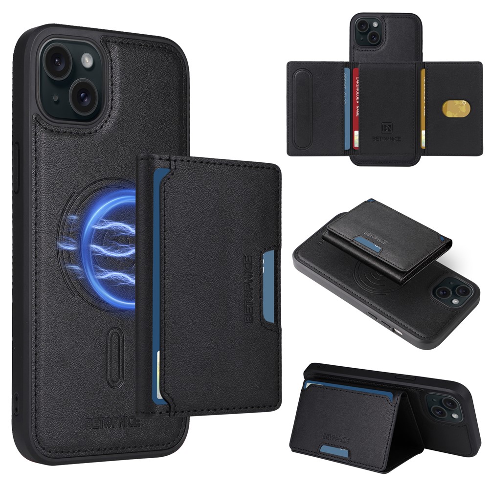 For iPhone 15 Plus Magnetic Case BETOPNICE Leather Phone Cover Kickstand with Detachable Card Bag - Black