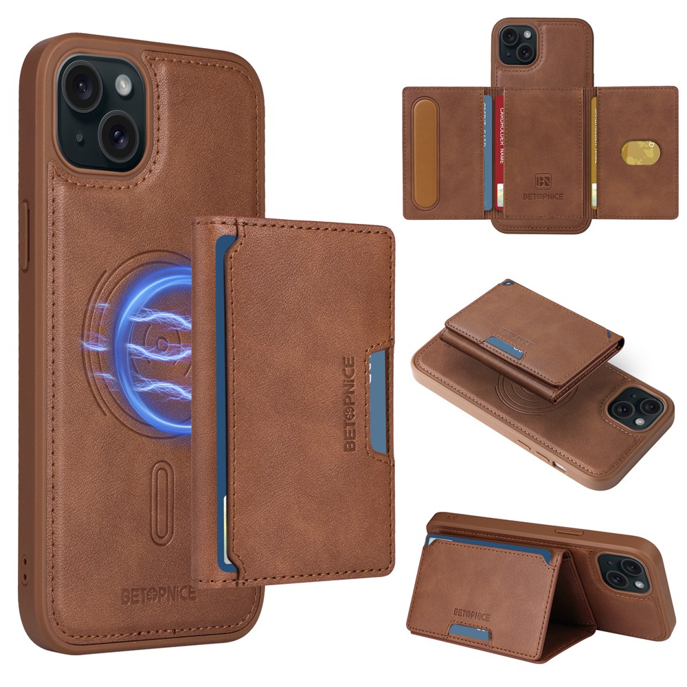 For iPhone 15 Plus Magnetic Case BETOPNICE Leather Phone Cover Kickstand with Detachable Card Bag - Brown