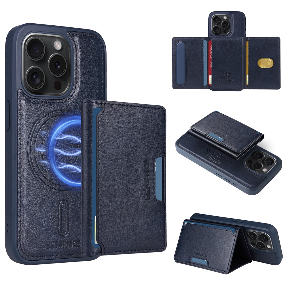 For iPhone 15 Pro Magnetic Case BETOPNICE Leather Phone Cover Kickstand with Detachable Card Bag - Blue
