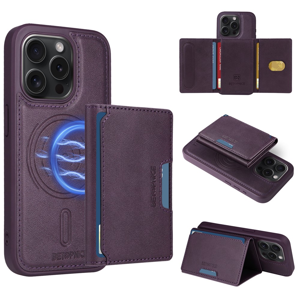 For iPhone 15 Pro Magnetic Case BETOPNICE Leather Phone Cover Kickstand with Detachable Card Bag - Purple