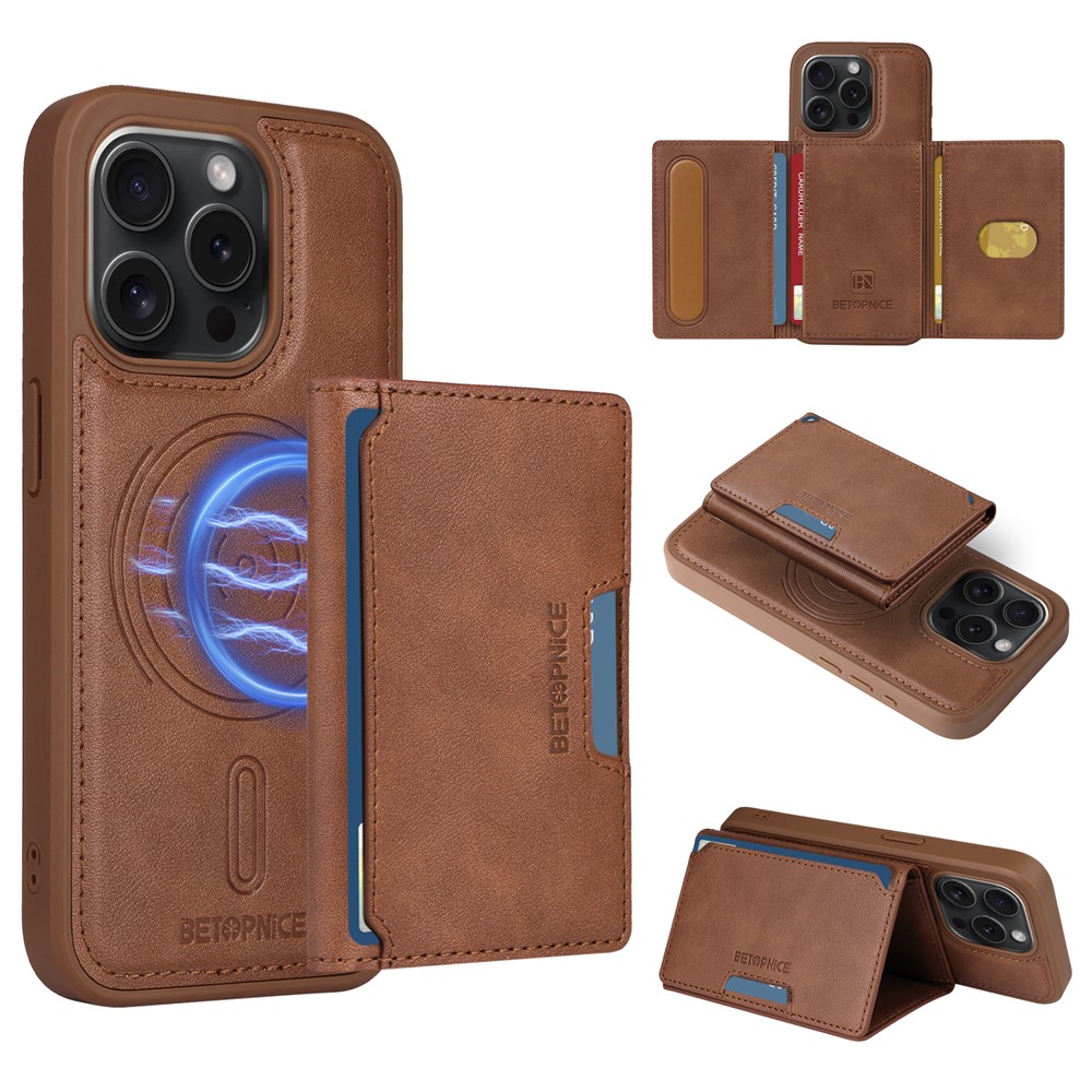 For iPhone 15 Pro Magnetic Case BETOPNICE Leather Phone Cover Kickstand with Detachable Card Bag - Brown