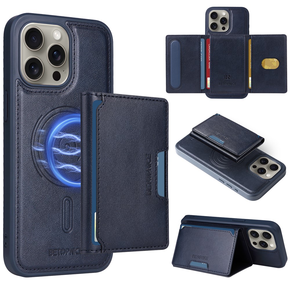 For iPhone 15 Pro Max Magnetic Case BETOPNICE Leather Phone Cover Kickstand with Detachable Card Bag - Blue