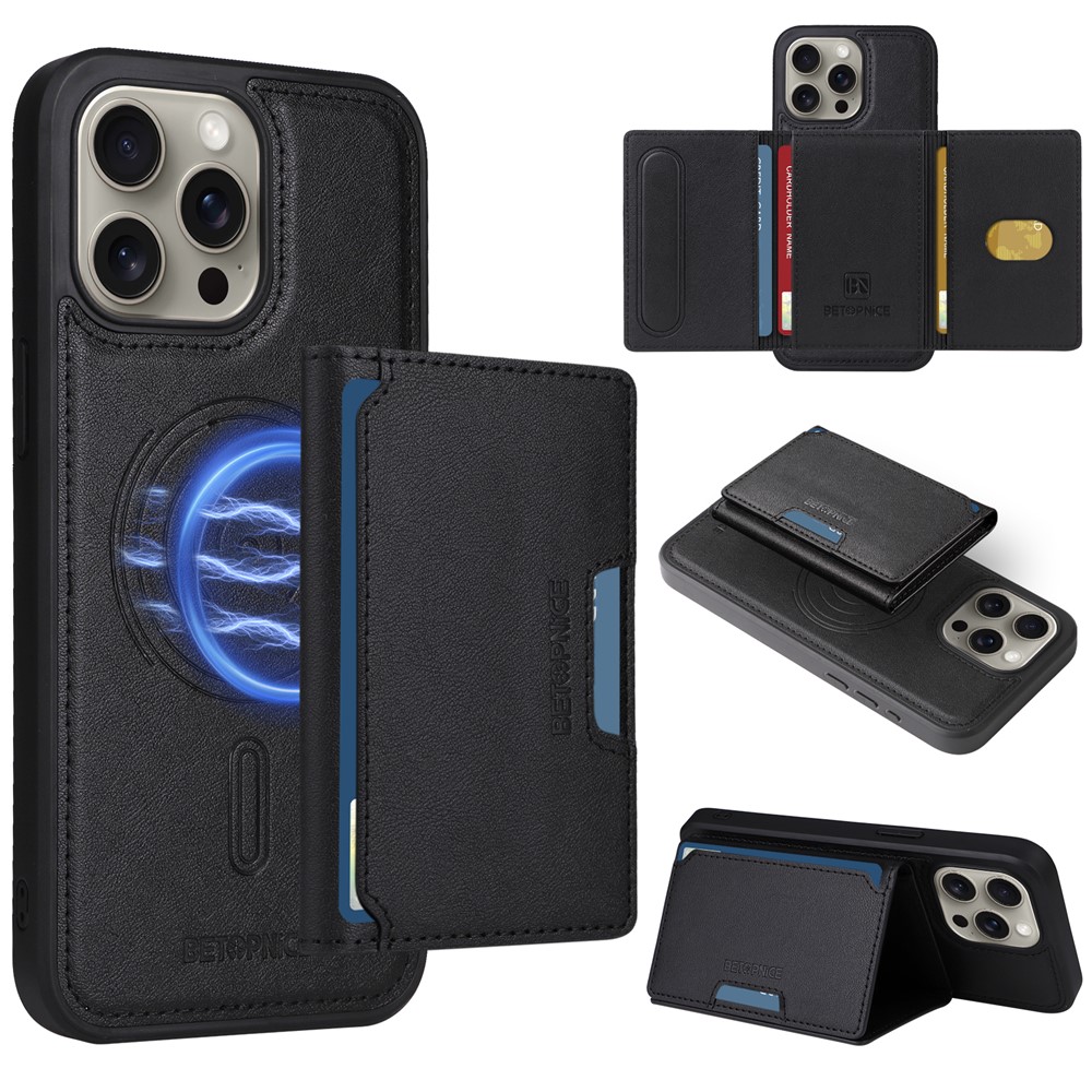 For iPhone 15 Pro Max Magnetic Case BETOPNICE Leather Phone Cover Kickstand with Detachable Card Bag - Black