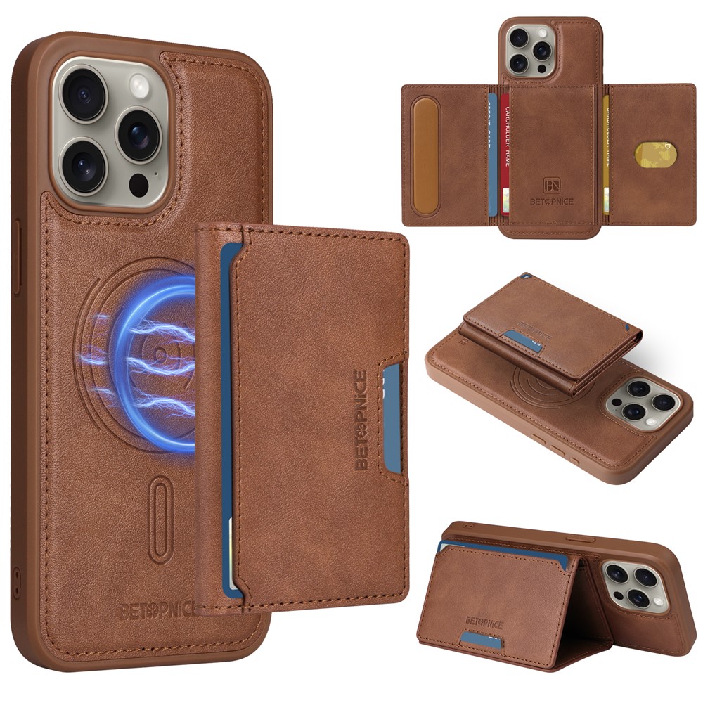 For iPhone 15 Pro Max Magnetic Case BETOPNICE Leather Phone Cover Kickstand with Detachable Card Bag - Brown