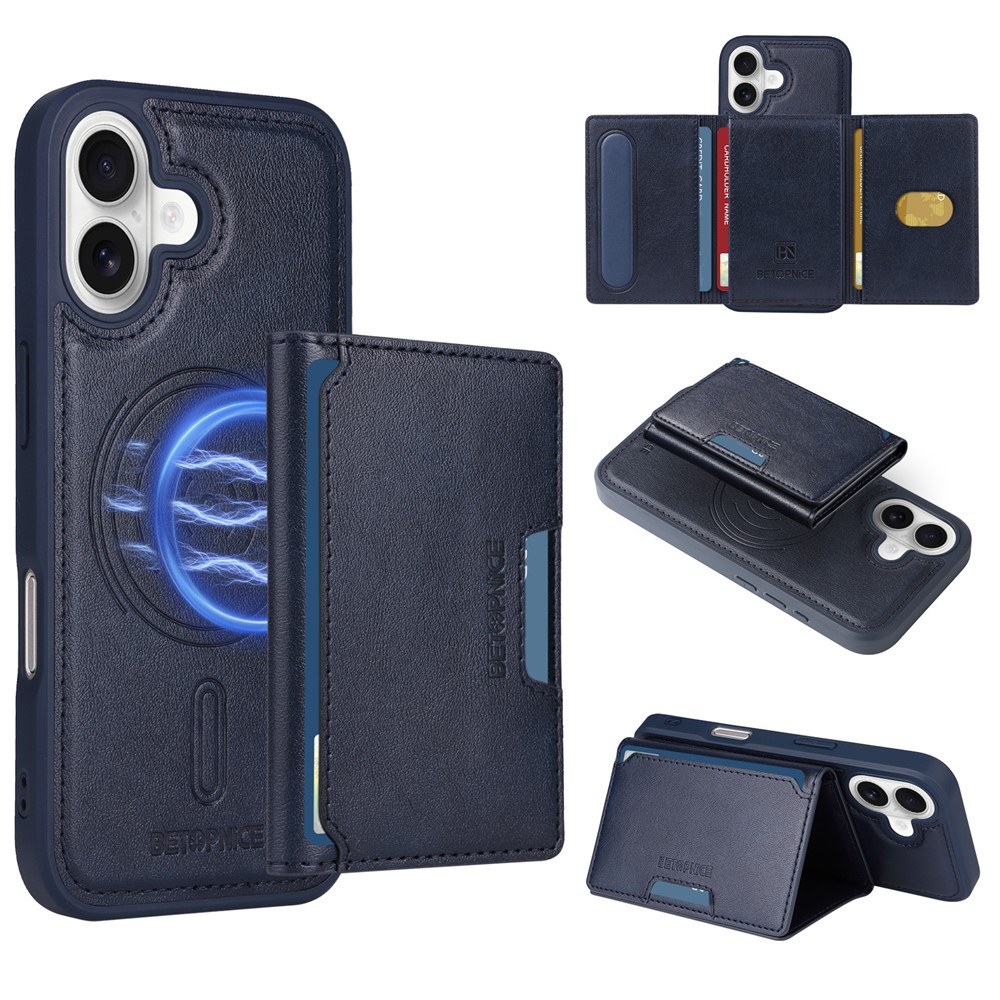For iPhone 16 Magnetic Case BETOPNICE Leather Phone Cover Kickstand with Detachable Card Bag - Blue