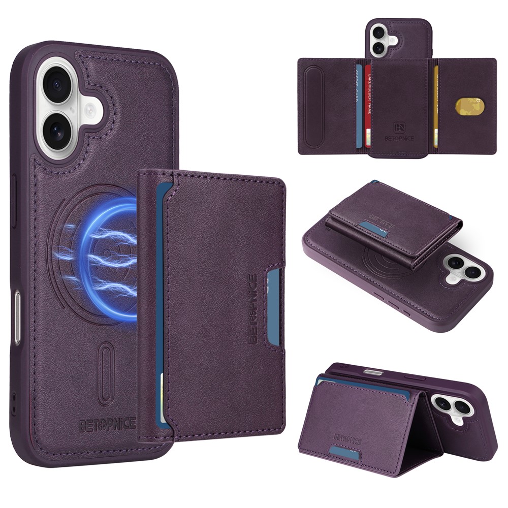 For iPhone 16 Magnetic Case BETOPNICE Leather Phone Cover Kickstand with Detachable Card Bag - Purple