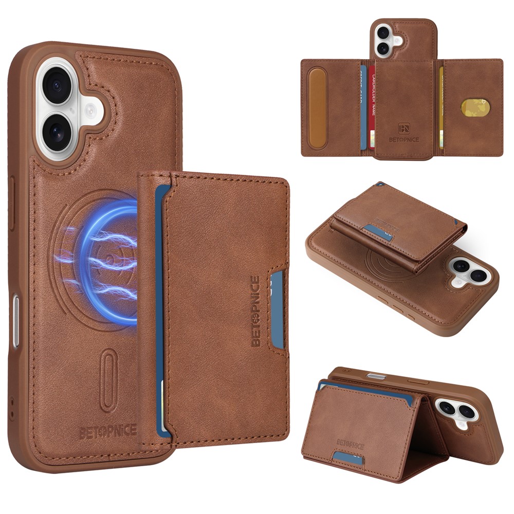 For iPhone 16 Magnetic Case BETOPNICE Leather Phone Cover Kickstand with Detachable Card Bag - Brown