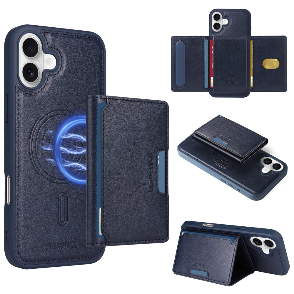 For iPhone 16 Plus Magnetic Case BETOPNICE Leather Phone Cover Kickstand with Detachable Card Bag - Blue
