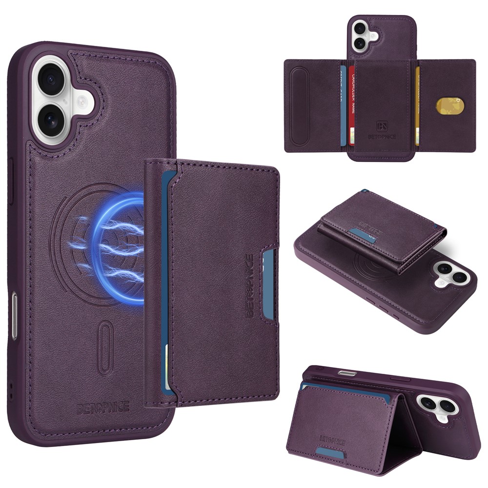 For iPhone 16 Plus Magnetic Case BETOPNICE Leather Phone Cover Kickstand with Detachable Card Bag - Purple