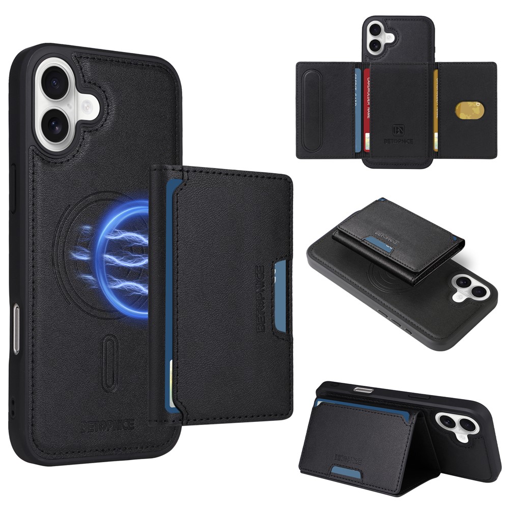 For iPhone 16 Plus Magnetic Case BETOPNICE Leather Phone Cover Kickstand with Detachable Card Bag - Black