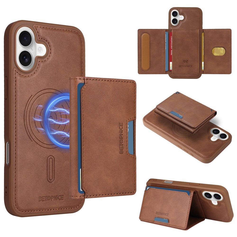 For iPhone 16 Plus Magnetic Case BETOPNICE Leather Phone Cover Kickstand with Detachable Card Bag - Brown