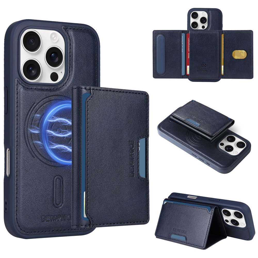 For iPhone 16 Pro Magnetic Case BETOPNICE Leather Phone Cover Kickstand with Detachable Card Bag - Blue