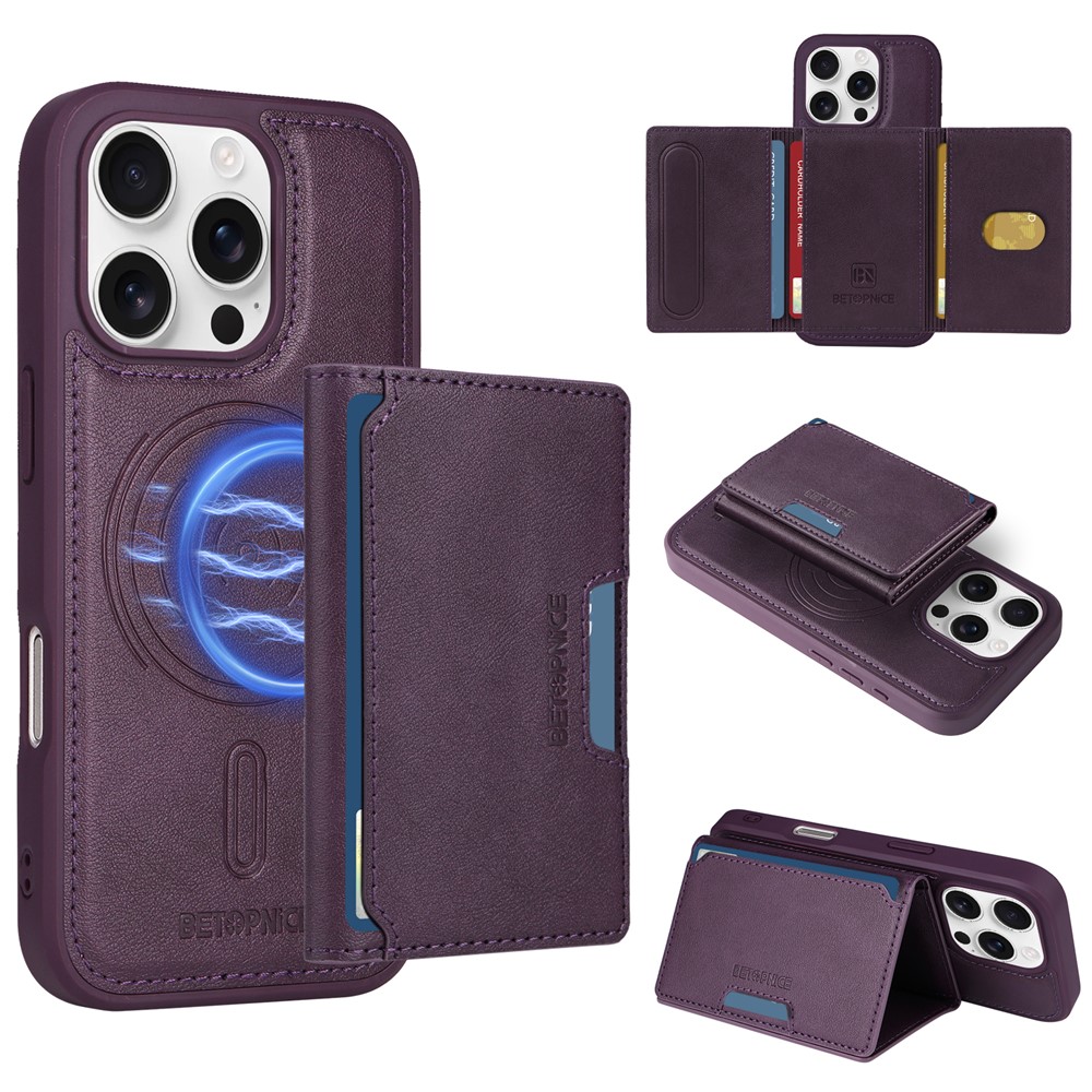 For iPhone 16 Pro Magnetic Case BETOPNICE Leather Phone Cover Kickstand with Detachable Card Bag - Purple
